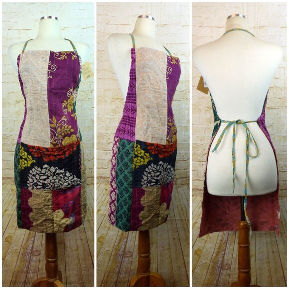 SERRV Sari Patchwork Apron One Size Colorful Upcycled Cotton Hand Stitching Boho - Picture 2 of 16